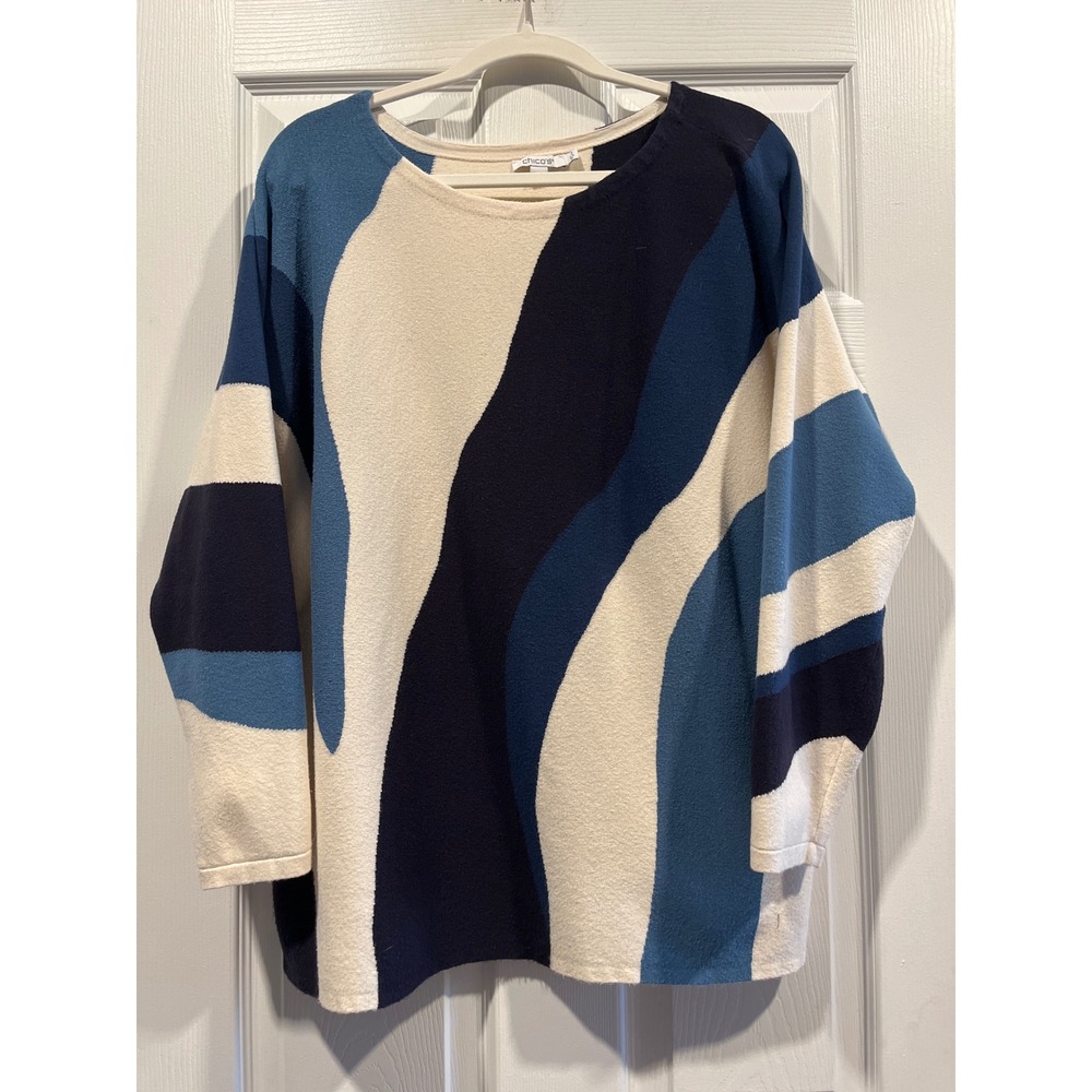 Chicos Abstract Wave Knit Sweater Blue Cream Crew Neck Long Sleeve Size 3 XL